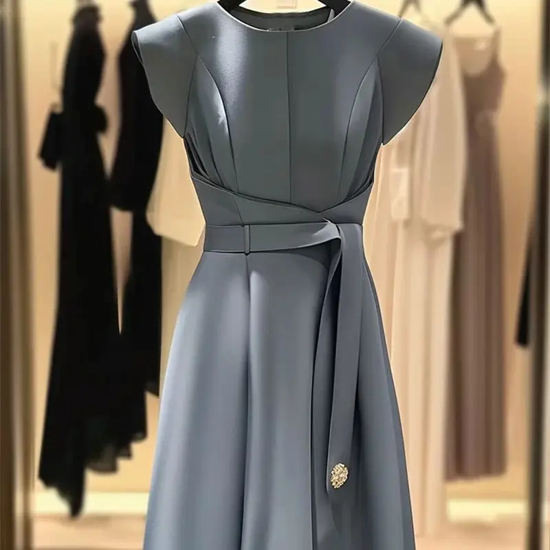 Summer New Women\'s Elegant Celebrity Midi Dress Office Lady Solid High Waist A-Line Party Vestidos Female Belt Formal Dress