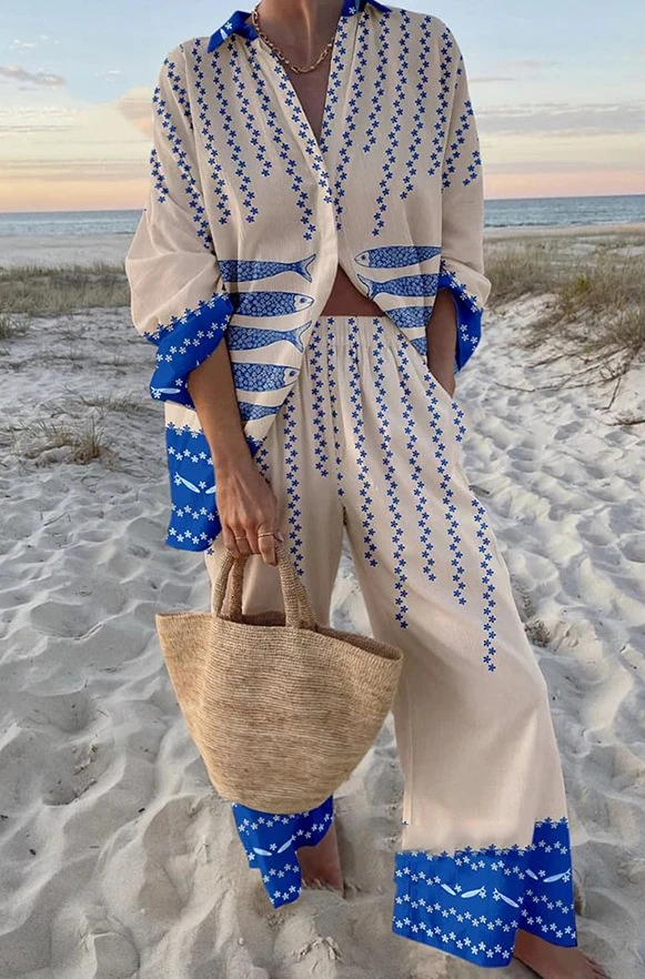 

2025 Fashion Printed Casual Two Piece Women's Set Summer Fashion Temperament Printed Collar Shirt Wide Leg Pants Suitable