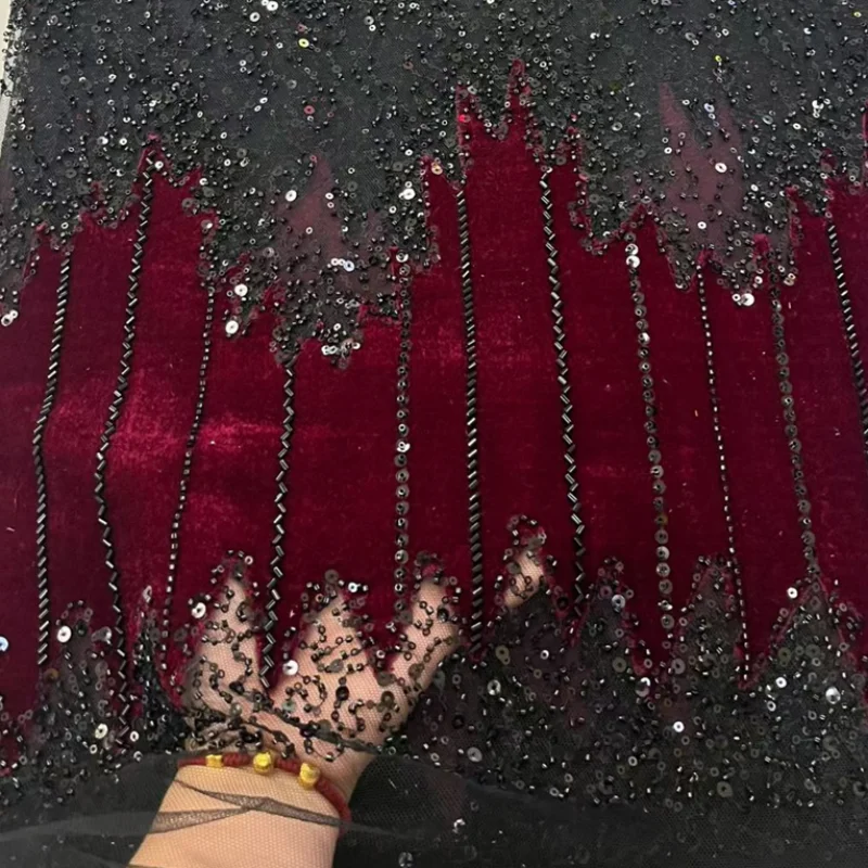 

Red Velvet Lace Fabric 2026 High Quality Beaded Sequins Wave Pattern Embroidery Luxury Fabric For Party Dress Sewing Women Gown