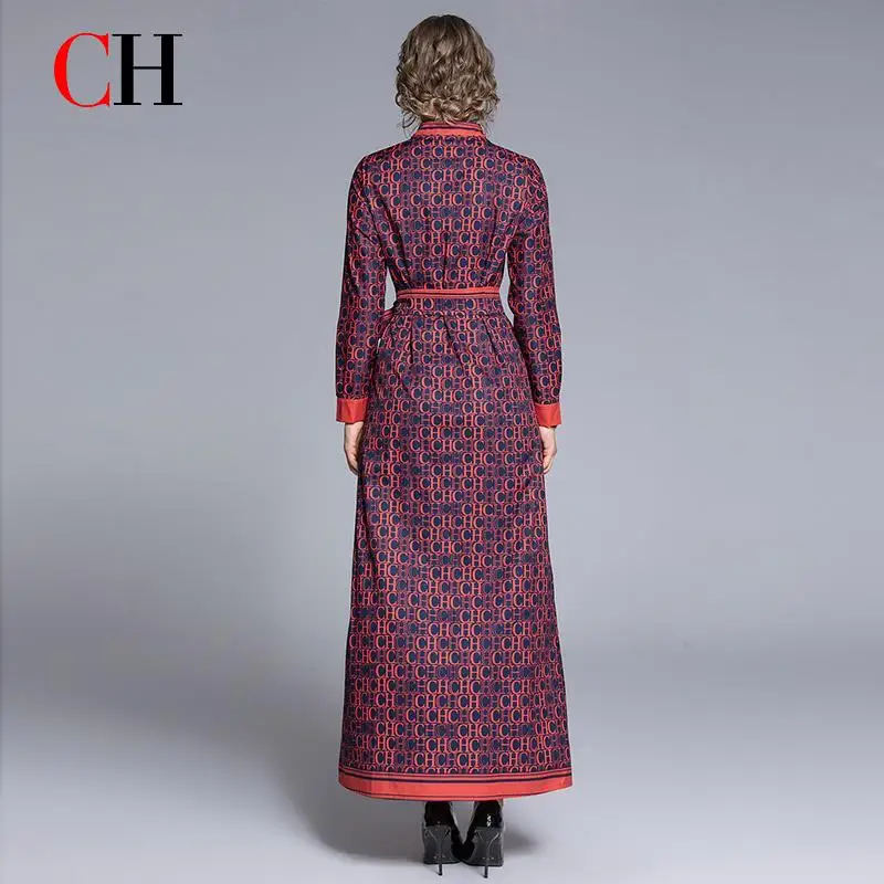 CH Monogram Print Long Sleeve Button Down Shirt Dress Belted Waist Contrast Trim Maxi Dress Elegant Fashion Office Wear ﻿ - view 4
