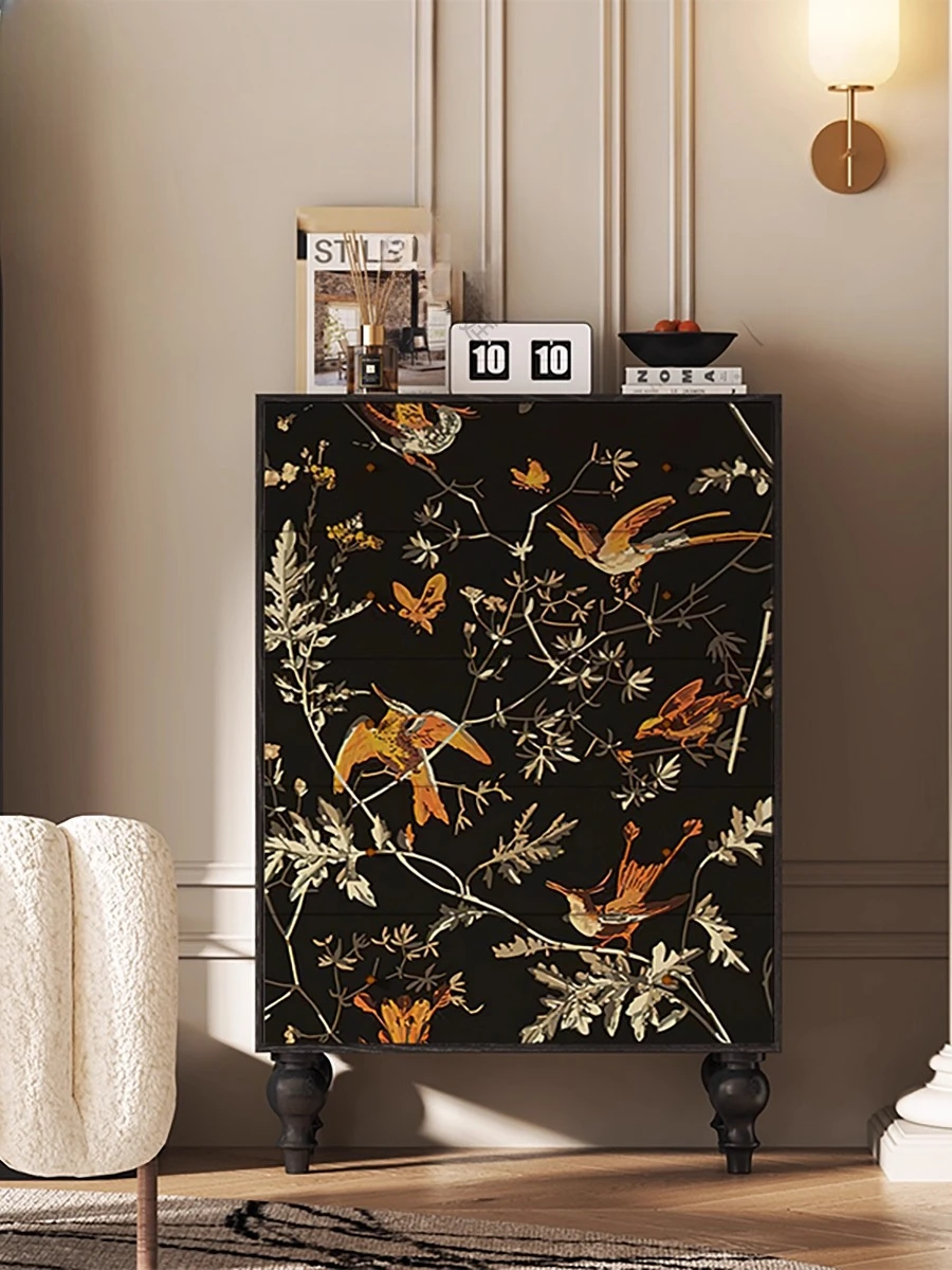 

French Retro Floral and Bird Solid Wood Entryway Storage Cabinet Integrated Decorative Organizer