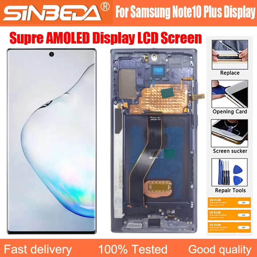 Super AMOLED Display for Samsung Note 10 Plus, 4G, 5G, Touch Screen Note10 + N975F, N976F, LCD Support S Pen, Fingerprint Work