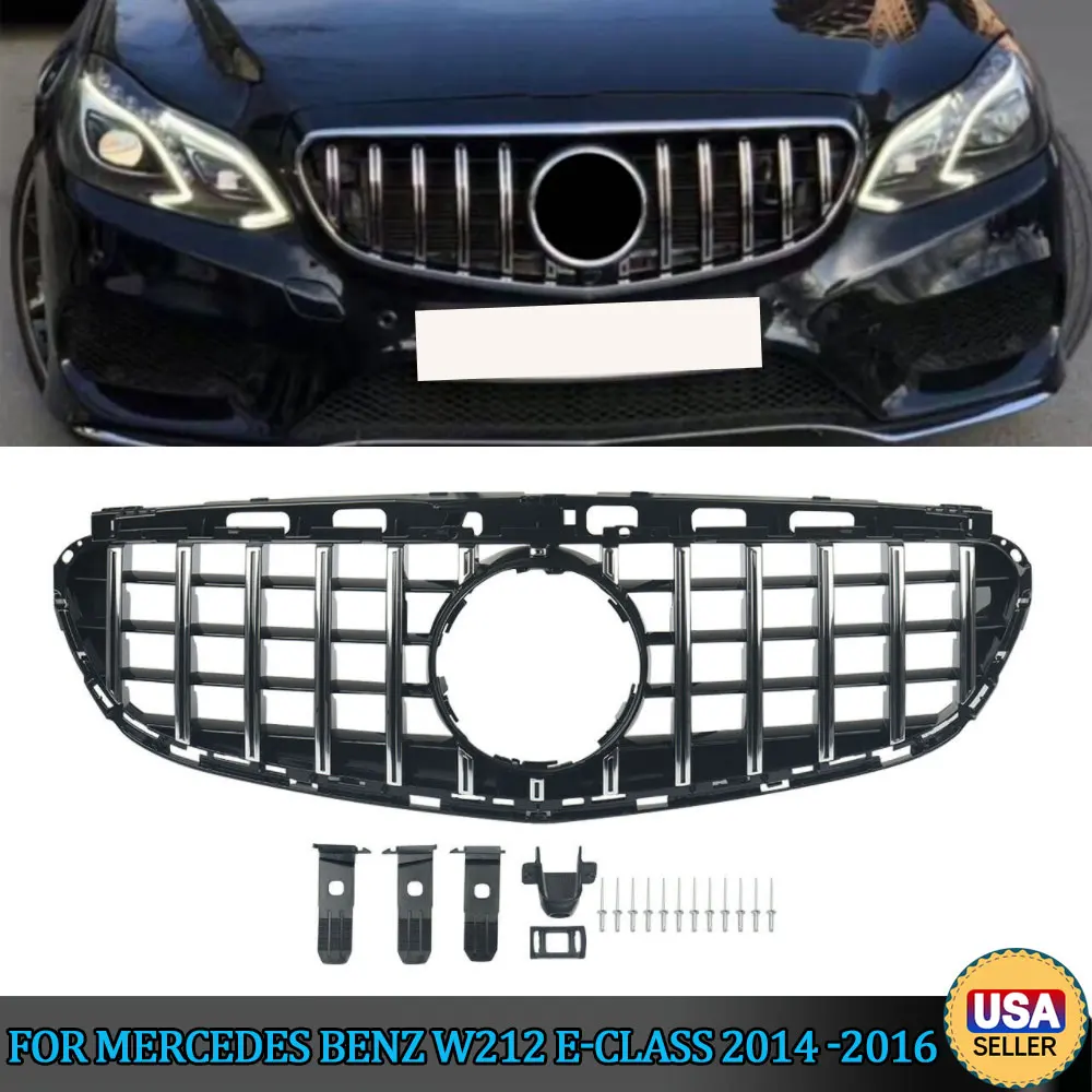 MAGICKIT Front Grille Chrome Fins + Black Grille For Mercedes Benz 2014-2016 W212 E Class Sedan GTR Style CAR Accessories