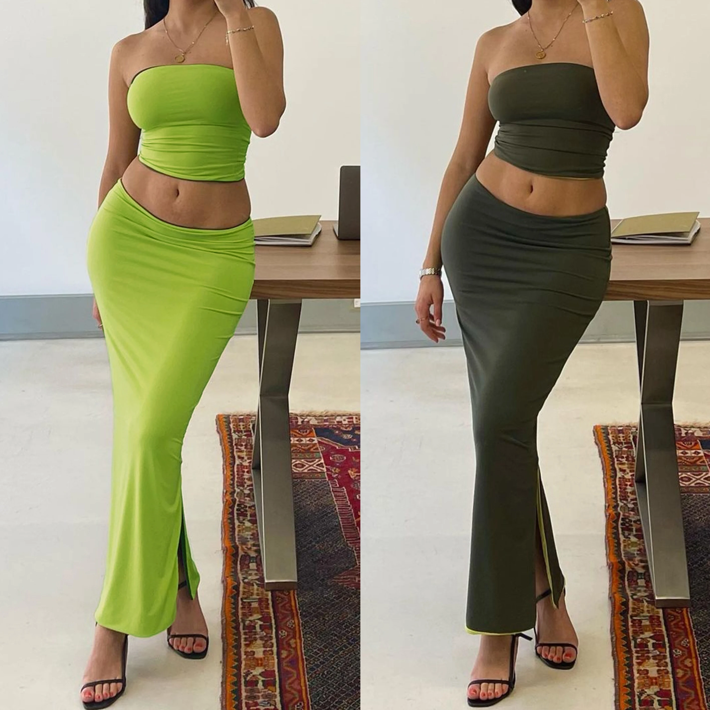 

2022 Sexy Elegant y2k Split Midi Skirt Sets Women Summer Beach Off Shoulder Tube Tops and Long Dress Set Party Club