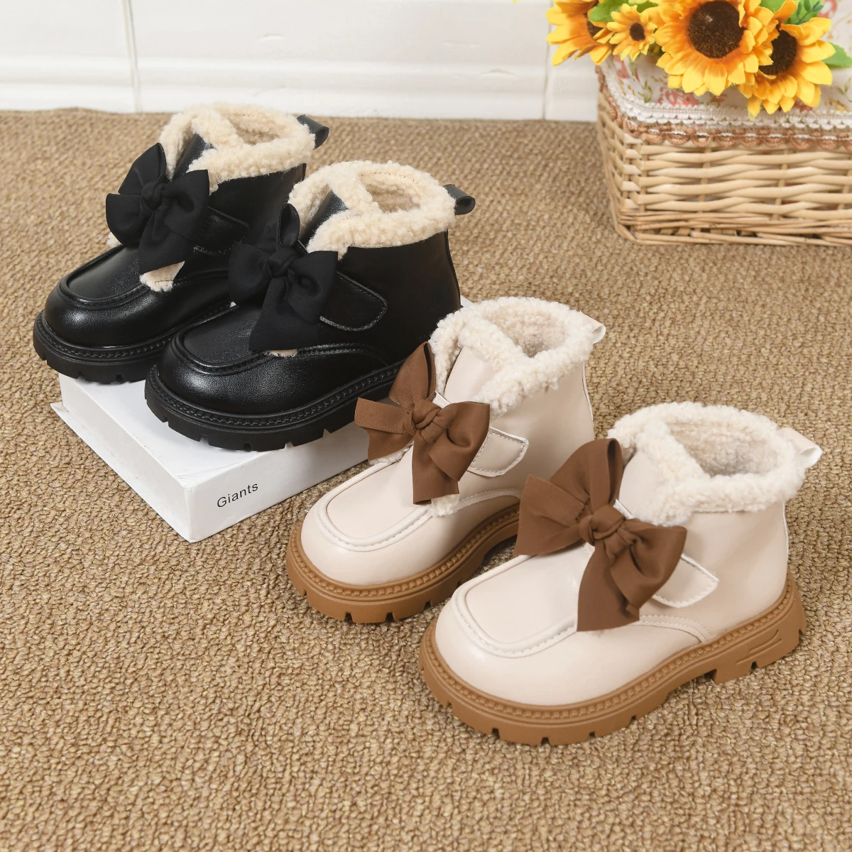 

Winter Girl's Boots Round Toe Bowknot Pu Leather Plush Sweet Kid's Flat Shoe Solid Colors Anti-slip Fashion Warm Children Shoe