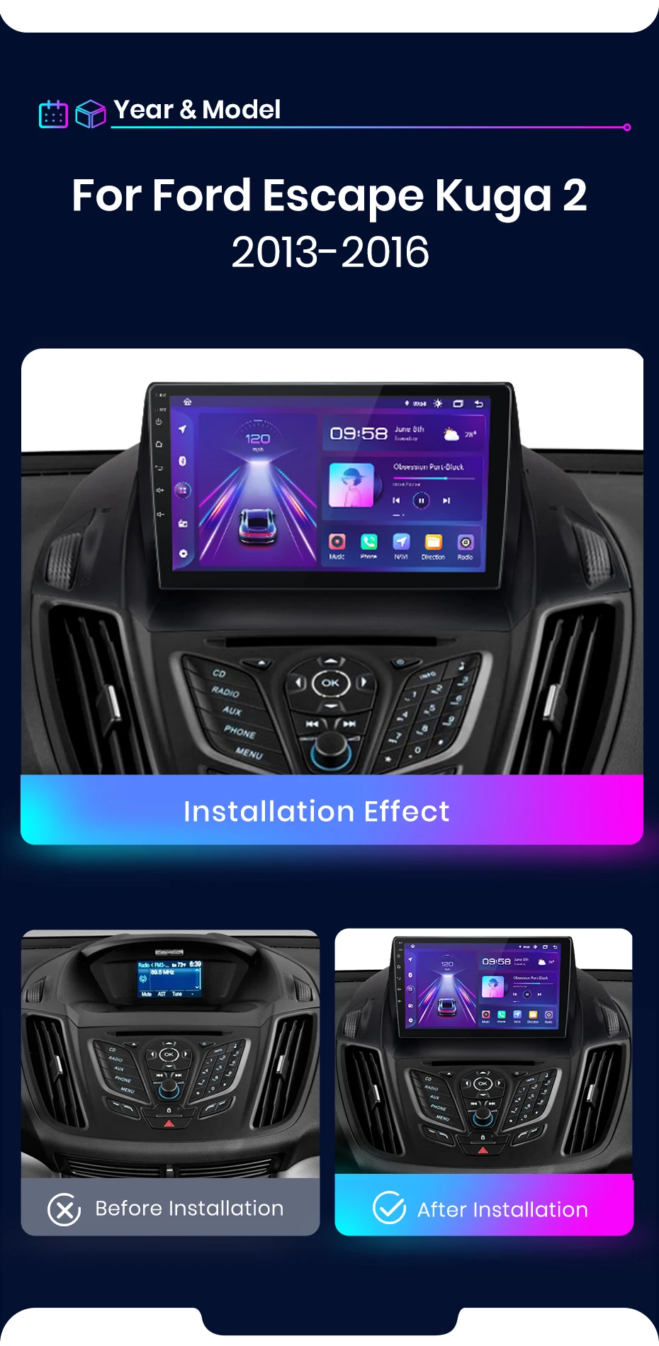 Junsun Drahtlose CarPlay Android Auto Auto Radio Für Ford Escape Kuga 2 C-MAX 2013-2016 GPS Multimedia 2din System – Detail 6