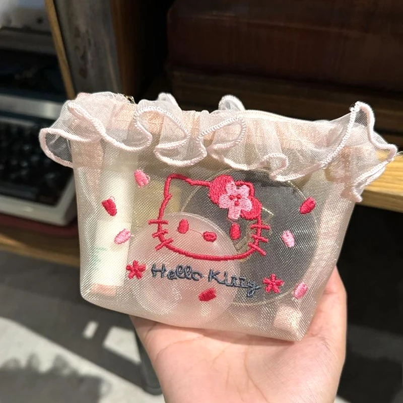 

Kawaii Girl Pink Mesh Embroidery Hello Kitty Cosmetic Bag Mini Harajuku Japanese Girl Portable Makeup Storage Bag Charm Gift