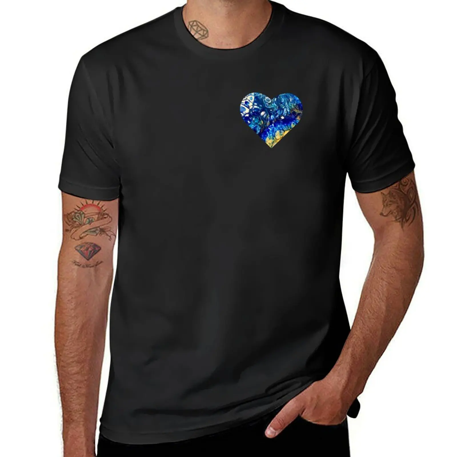 

Heart pouring blue with and gold T-Shirt quick-drying graphics mens cotton t shirts