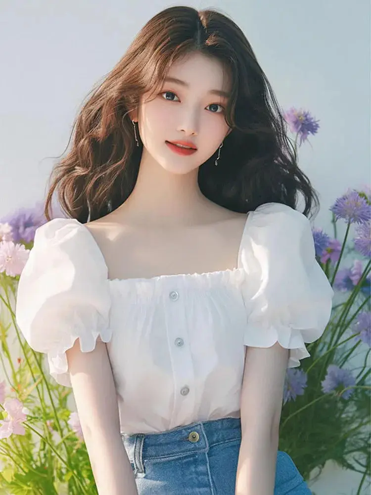 Summer and Autumn Pure Color French Luxury Sense Niche Unique Versatile Casual White Square Neck Bubble Sleeve Shirt for Women