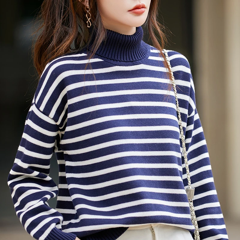 Outono e inverno novo algodão de malha listrado acolchoado camisola feminina lapela alta manga comprida casaco de fundo de algodão