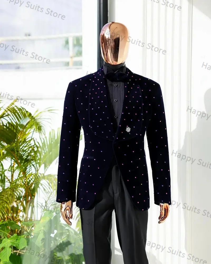 Crystals Velvet Groom Men Suit Set 2 Pieces Blazer+Cotton Pants Formal Office Jacket Coat Trousers Wedding Tuxedos Custom Made