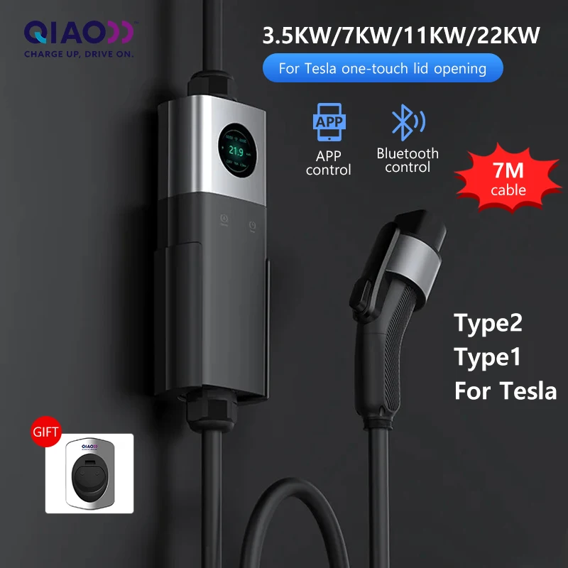 

QIAO Home Portable Ev Charger 16A 32A 3.5KW 7.3kw 22KW 3Phase Type 1 Type 2 Car Fast Charging Plug To Plug Chargeur FOR EV Car