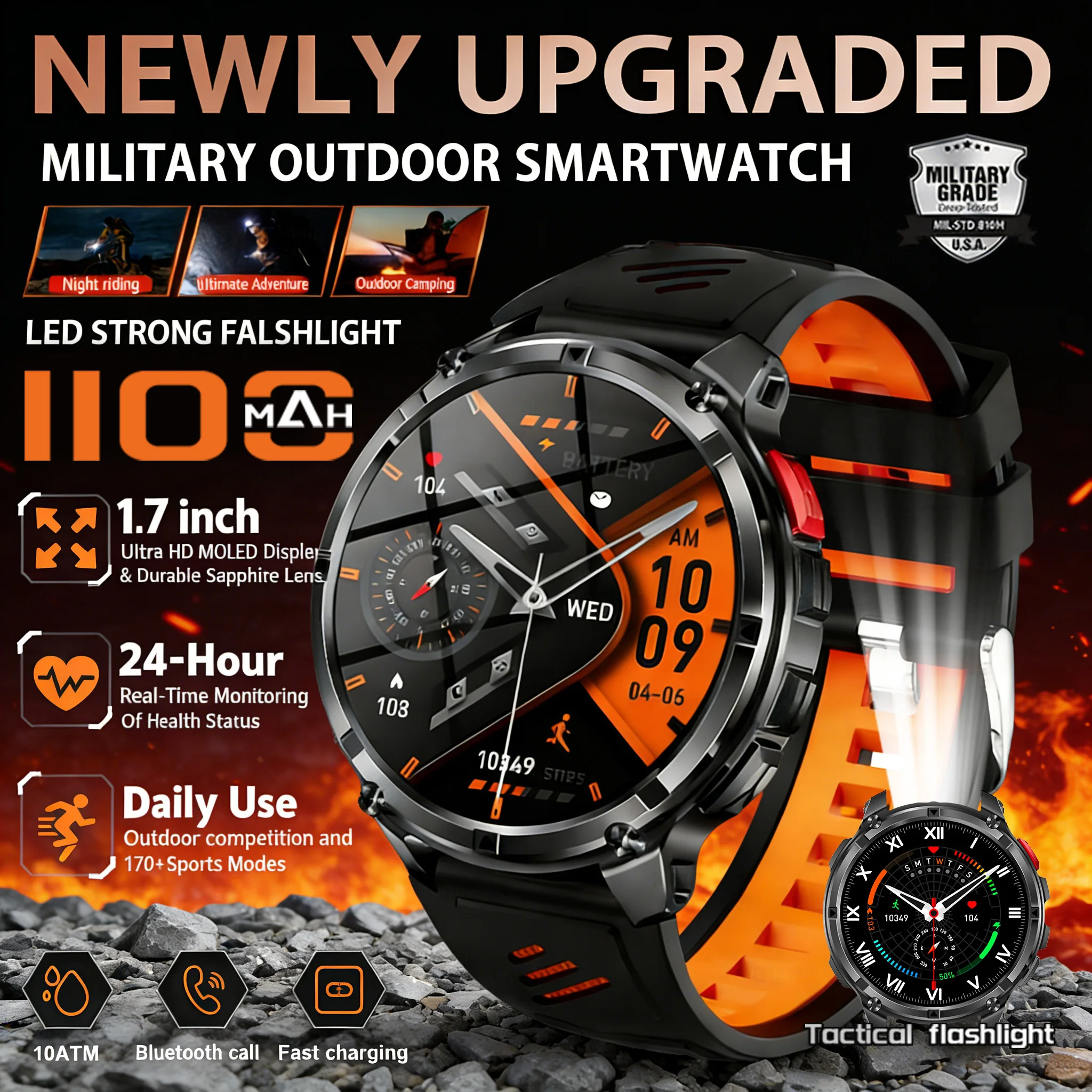 

Новые умные часы T-REX3 2026 года для активного отдыха, с аккумулятором 1100 мАч, AMOLED-экраном 1,7 дюйма, водонепроницаемостью 10ATM, компасом, спортивный фитнес-браслет для мужчин