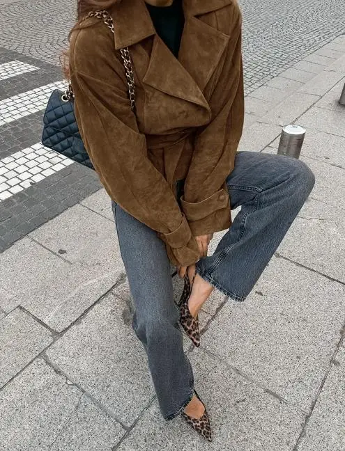 Vintage Brown Women's Autumn Jacket Suede Suit Collar Casual Double Breasted Jacket 2025 Fashion New Product Frosted Velvet Coat