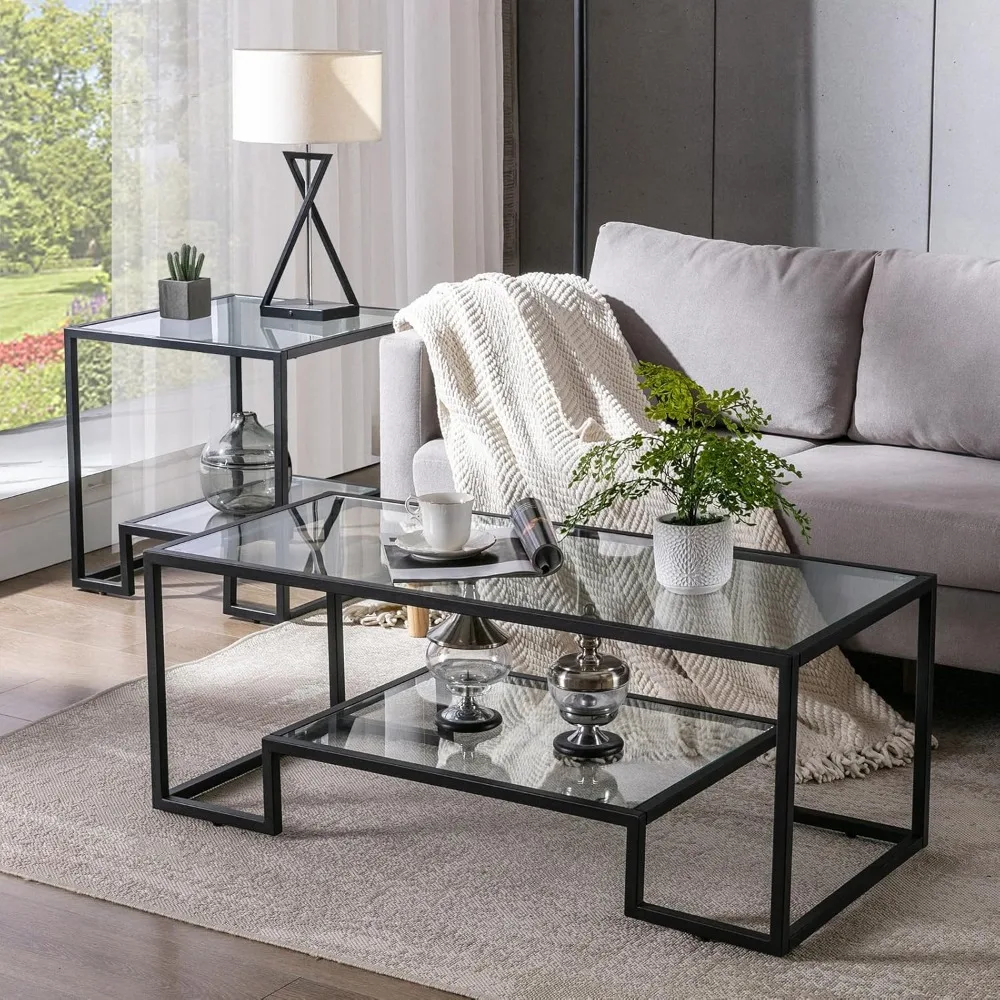 Simple Modern Glass 3-Piece Table Set, Includes Coffee Table and 2 End Tables, Black