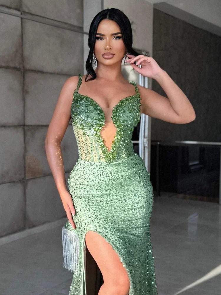 ディープ V ネック ハイ スリット マーメイド ロング ドレス付き高級グリーン スパンコール イブニング ドレス – 女性のプロム フォーマル パーティー マキシ ベスト