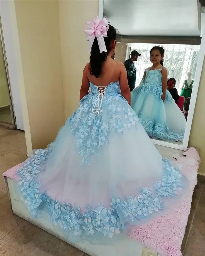 Vestidos florais inchados para crianças, apliques florais 3D, pescoço puro princesa, festa de aniversário, vestido de baile, roupa de primeira comunhão