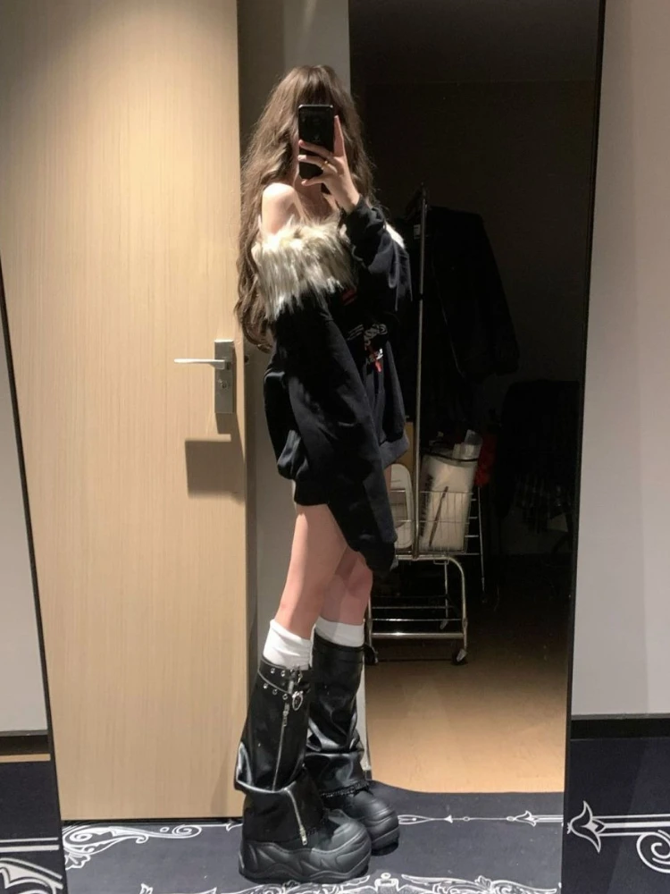 Y2K Hot Sweet American Vintage Allentato Sottocultura Felpe 2000s Harajuku Sexy Casual Coreano Collo di Pelliccia Con Cappuccio Autunno Chic