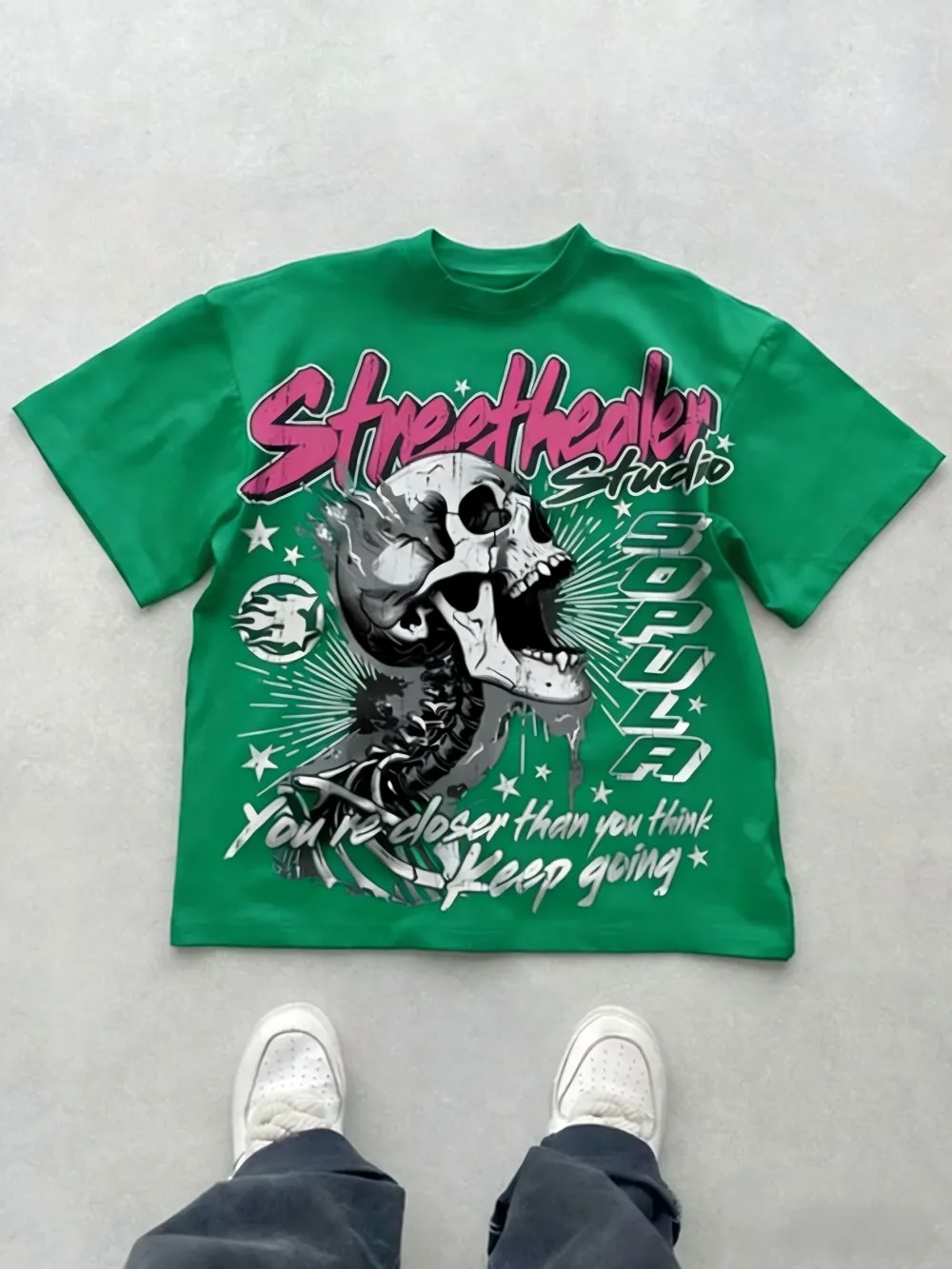 European and American Men's Summer New Skeleton Scream Letter Print Soft and Breathable Round Neck T-Shirt Outdoor Street Top