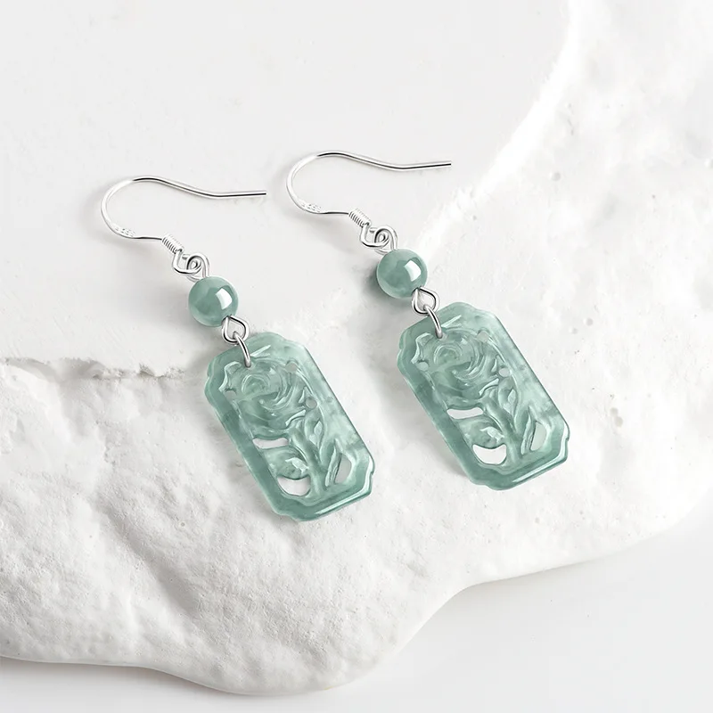 Natural A-grade Jade Blue Water Rose Earrings S925 Silver Inlaid Ice Jadeite Personalized Women\'s Gifts Jewelry Drop Shipping