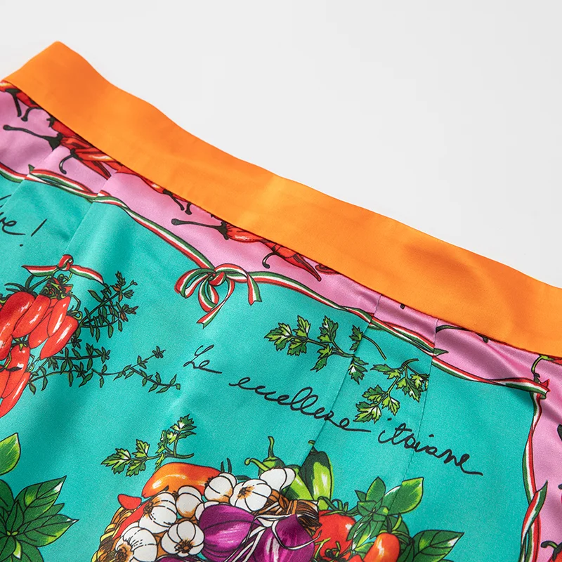 2023 Fashion Runway Designer Summer Women's High Waist Green Vegetable and Fruit Printing Silk Vintage Skirts