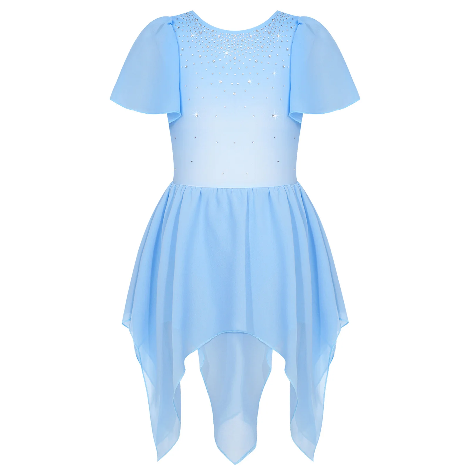 Kids Girls Rhinestone Ballet Dress Layered Ruffled Asymmetrical Hem Skating Dress for Dance Party Stage Performance Competition 4