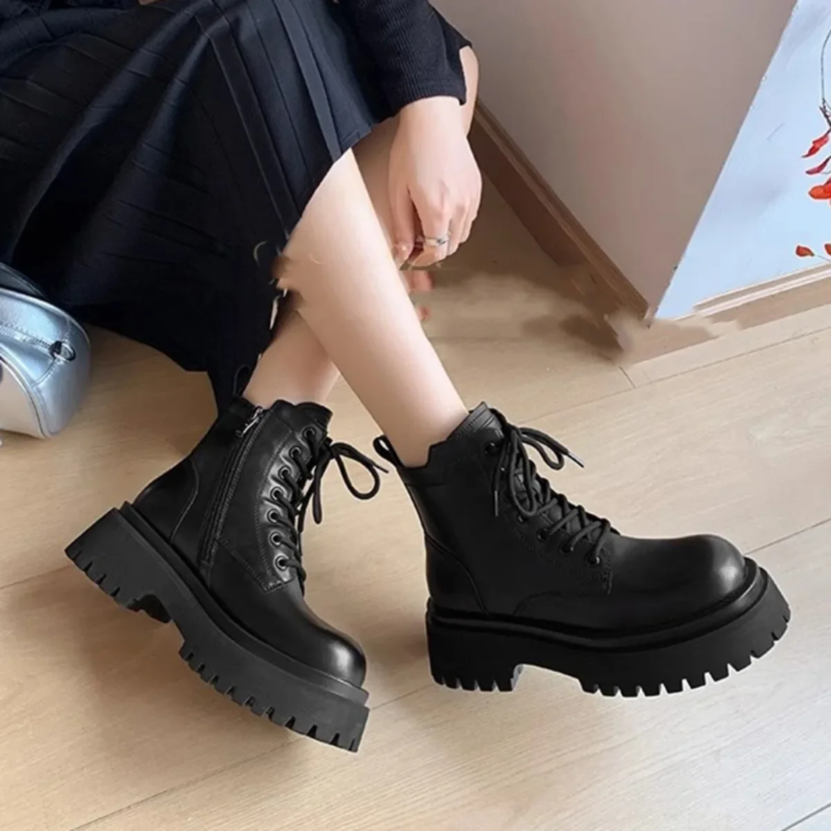 Retro Buty Damskie Jesień Zima Brązowe Czarne Futro Botki Gruby Dół Sznurowane Casual Pluszowe Krótkie Motocyklowe Botas Femininas