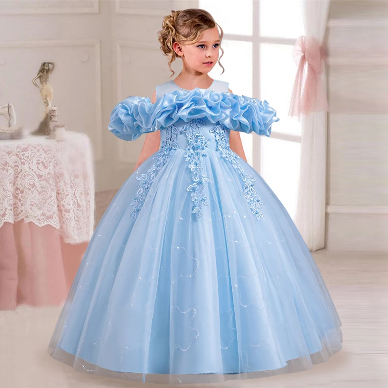 Girl's Pearl Embroidered Princess Dress 4-12 Years Old Fashion Off Shoulder Bubble Sleeve Mesh Dress Birthday Wedding Flower Gir