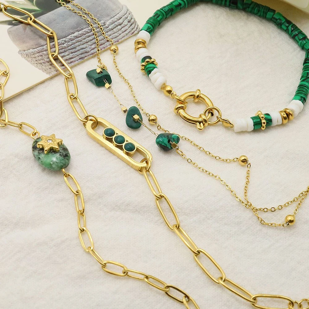 WILD & FREE Boho Vintage Green Natural Stone Bracelets for Women Stainless Steel Trendy Charms Aesthetic Jewelry Set image 4