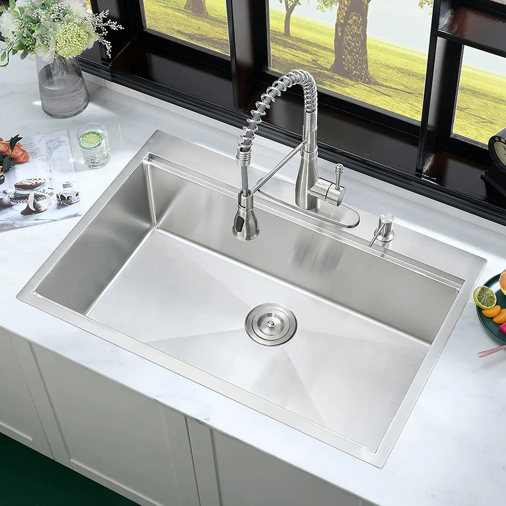 حوض المطبخ الحديث مقاس 30 بوصة، وعاء واحد، حوض محطة عمل Topmount مصنوع يدويًا مع الملحقات