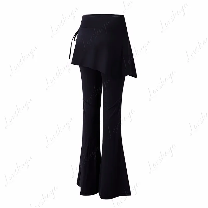 Women's Spring Autumn Thin Pilates Yoga Pants High Waist Fake Two-Piece Micro-Pull Skirt Design Sports Shark Flared Pants