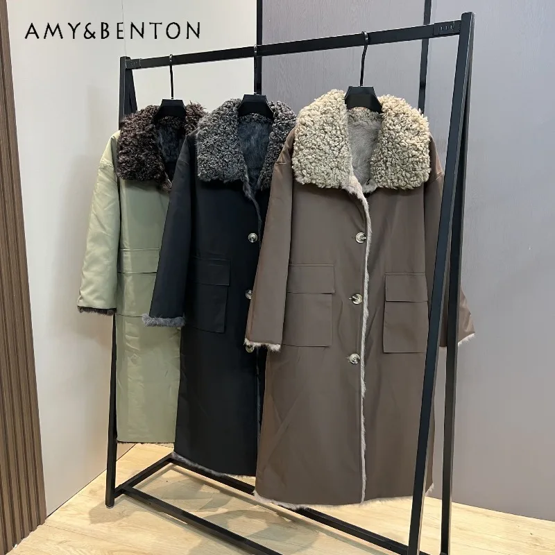 

Winter New Style Rabbit Faux Fur Reversible Thickened Warm Woolen Collar Simple Loose Wide Long Furry Coat Long Sleeves Jacket