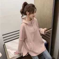 2024 Spring and Autumn thin casual hoodie for women, loose fitting hooded front short back long pullover zipper stylish top