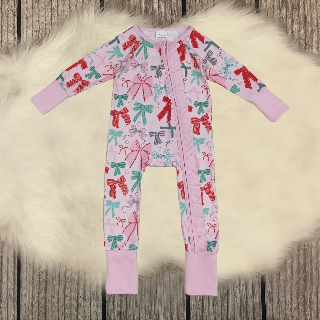 Newborn Playsuit Toddler Baby Girl Romper Cozy Round Neck Long Sleeve Colorful Bows Ruffle Zipper Footie Jumpsuit Infant Clothes