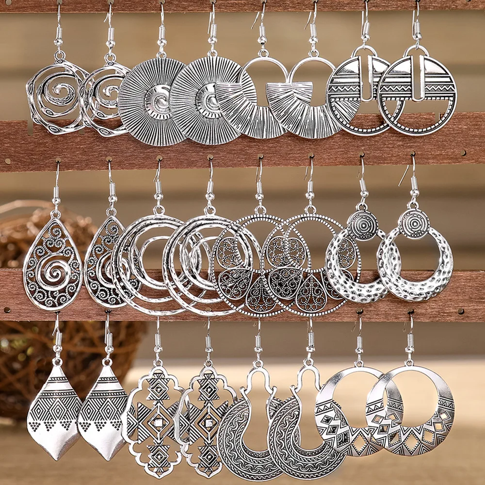 15 Style Ethnic Round Water Drop Earrings for Women Vintage Texture Silver Color Carved Hollow Dangle Earrings Female Jewelry