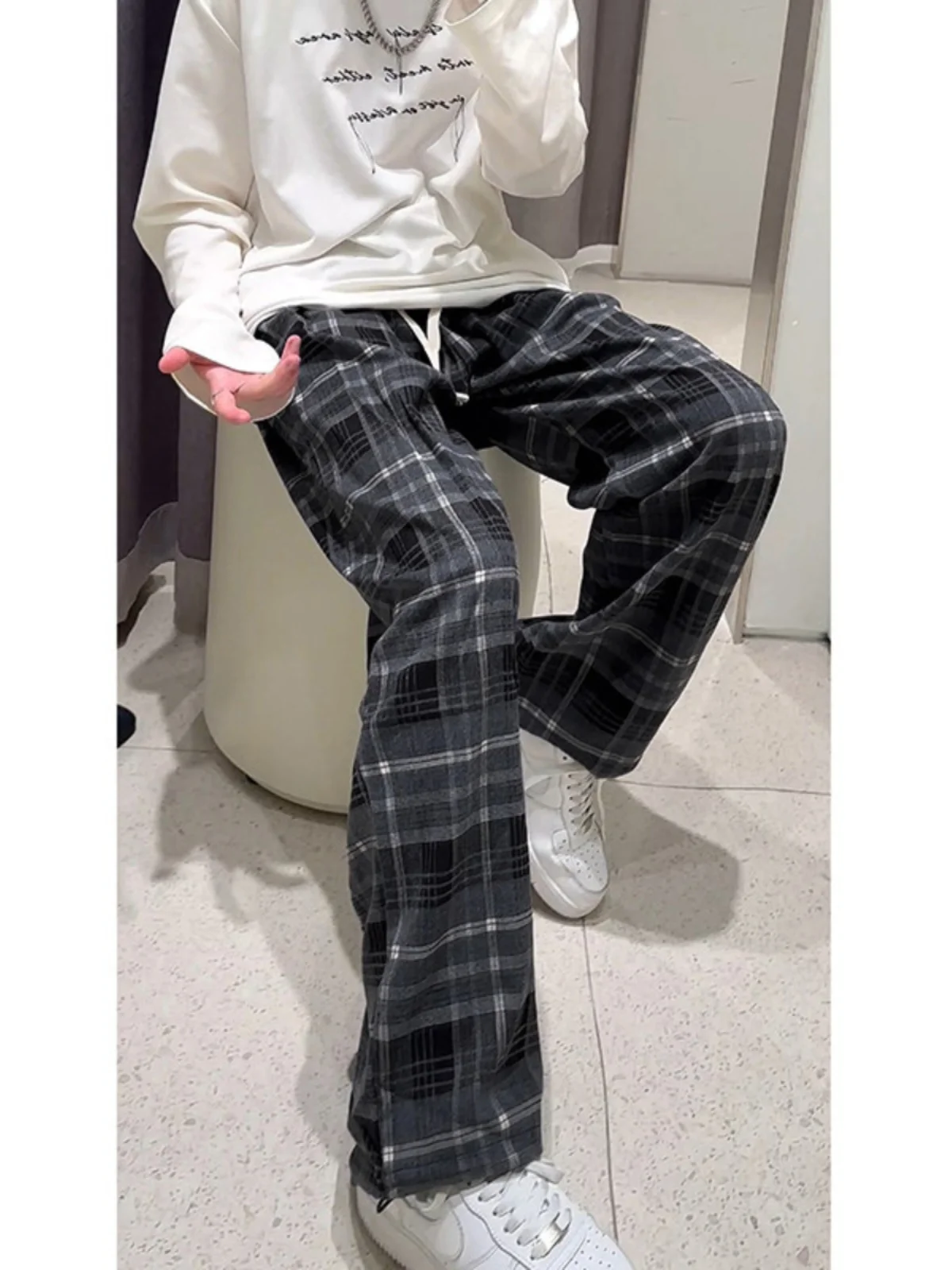 

American Sle Retro Plaid Men's Casual Pants High Waist Loose Wide Leg Straight Cut Spring Autumn Trendy Brand Drapey Loose Fit