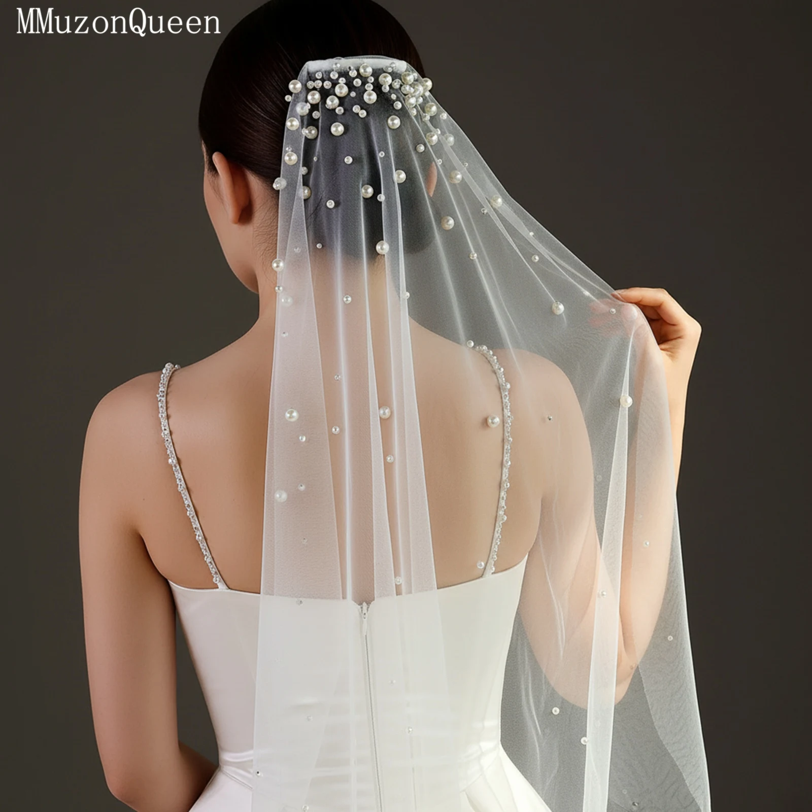 TOPQUEEN Elegant Pearl Wedding Veil Soft Single-Layer Brautschleier Mit Strass Minimalist Design With Comb Customizable V135 image 5