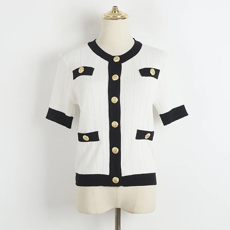 2024 Summer Knit Cardigan T-shirt Fine Ribbed Slim Short Top Short Sleeves Tees Golden Lion Head Buttons Fashion Luxury Clothing