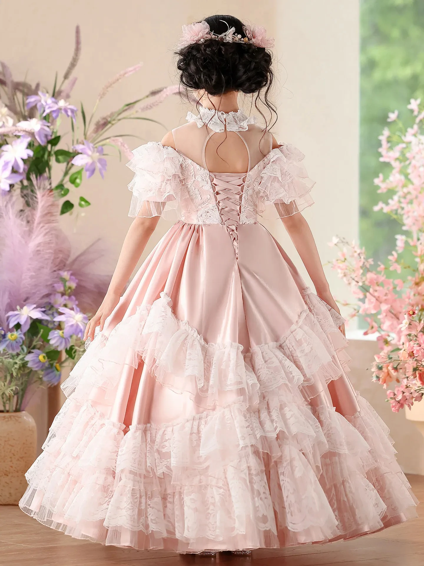 Customized Flower Girl Dress For Wedding Lace Bow Short Sleeve Floor Length Kids Birthday First Communion Gown