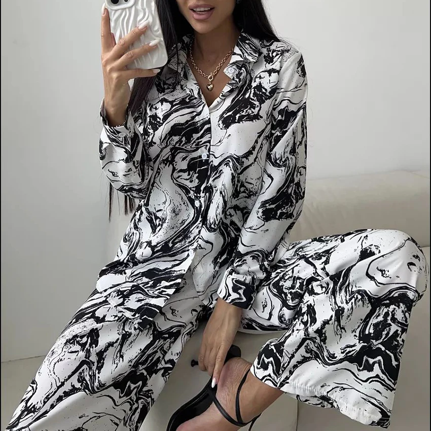 

Hiloc Vintage Print Long Pants Suits Pajamas Casual Loose Single-Breasted Blouse Elastic Waist Pant 2 Piece Home Trousers Sets