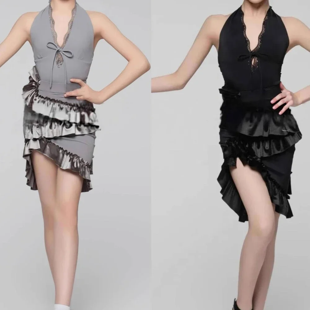 เด็กชุดเต้นรําละตินชุดสําหรับหญิงแขนกุดลูกไม้กระโปรง Cha-cha Samba เต้นรําบอลรูมการฝึกอบรมชุดเสื้อผ้า