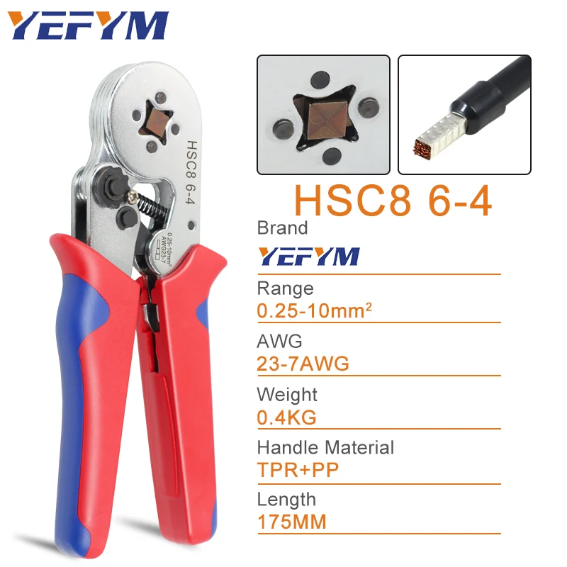 Ferrule Pin Terminal Connectors Square Crimping Pliers HSC8 6-4 0.25-10mm²/23-7AWG Mini Adjustable Ratchet Electricians Tools