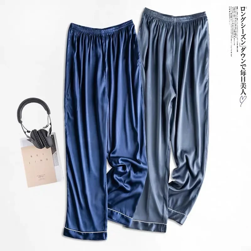 Spring Summer Satin Sleep Wear Women Pajama Solid Loose Sleeping Bottoms Ice Silk Pant Female Calf-Length Pants Lounge Home Wear