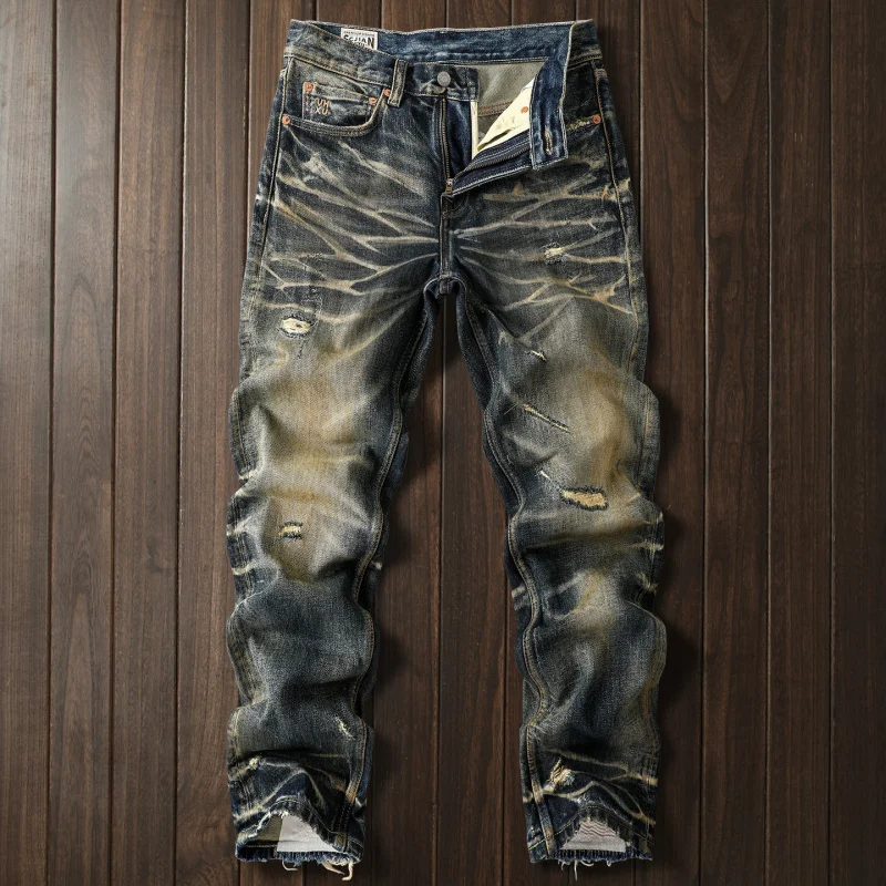 

2026 New Men's Ripped Patchwork Vintage Washed Jeans Heavyweight American Style High-End Fashion Denim Pants