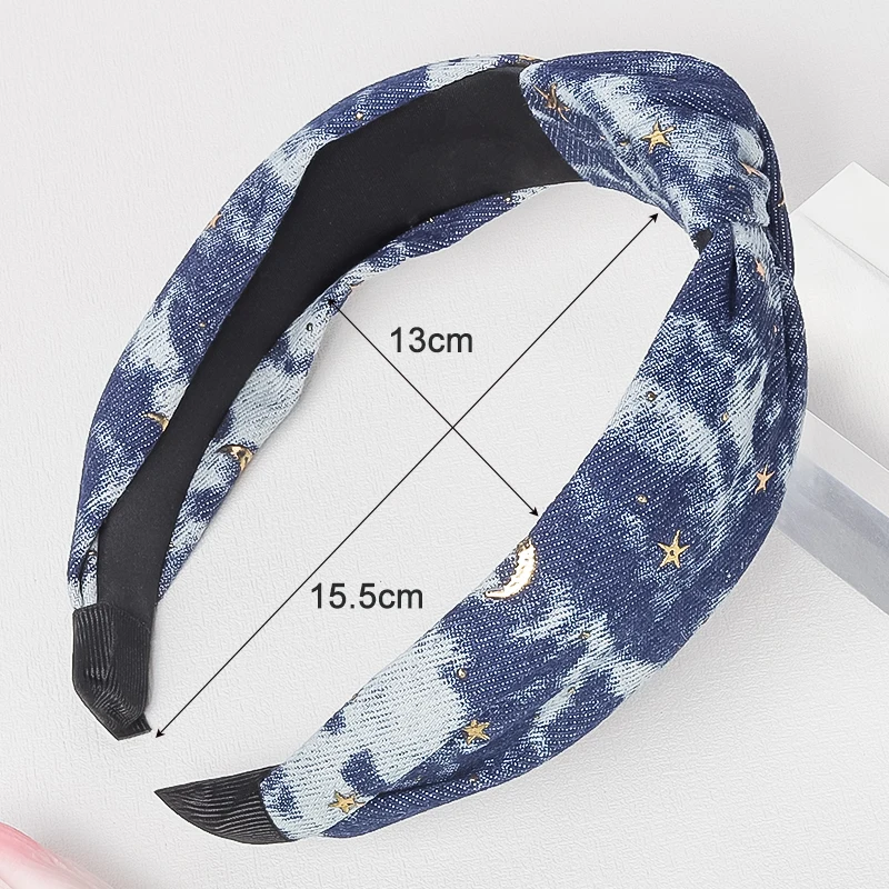 Trendy Tie-Dyed Denim Fabric Headband for Women Wide-Brimmed Knotted Hairband Versatile Hair Accessories with Gold Star and Moon