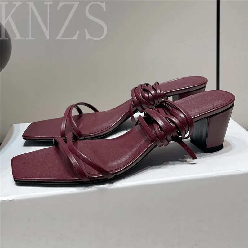 

Summer New Square Toe Open Toe Chunck Heel Concise Sandals Women Real Leather Solid Color Fashion Ankle Strap Lace Up High Heels