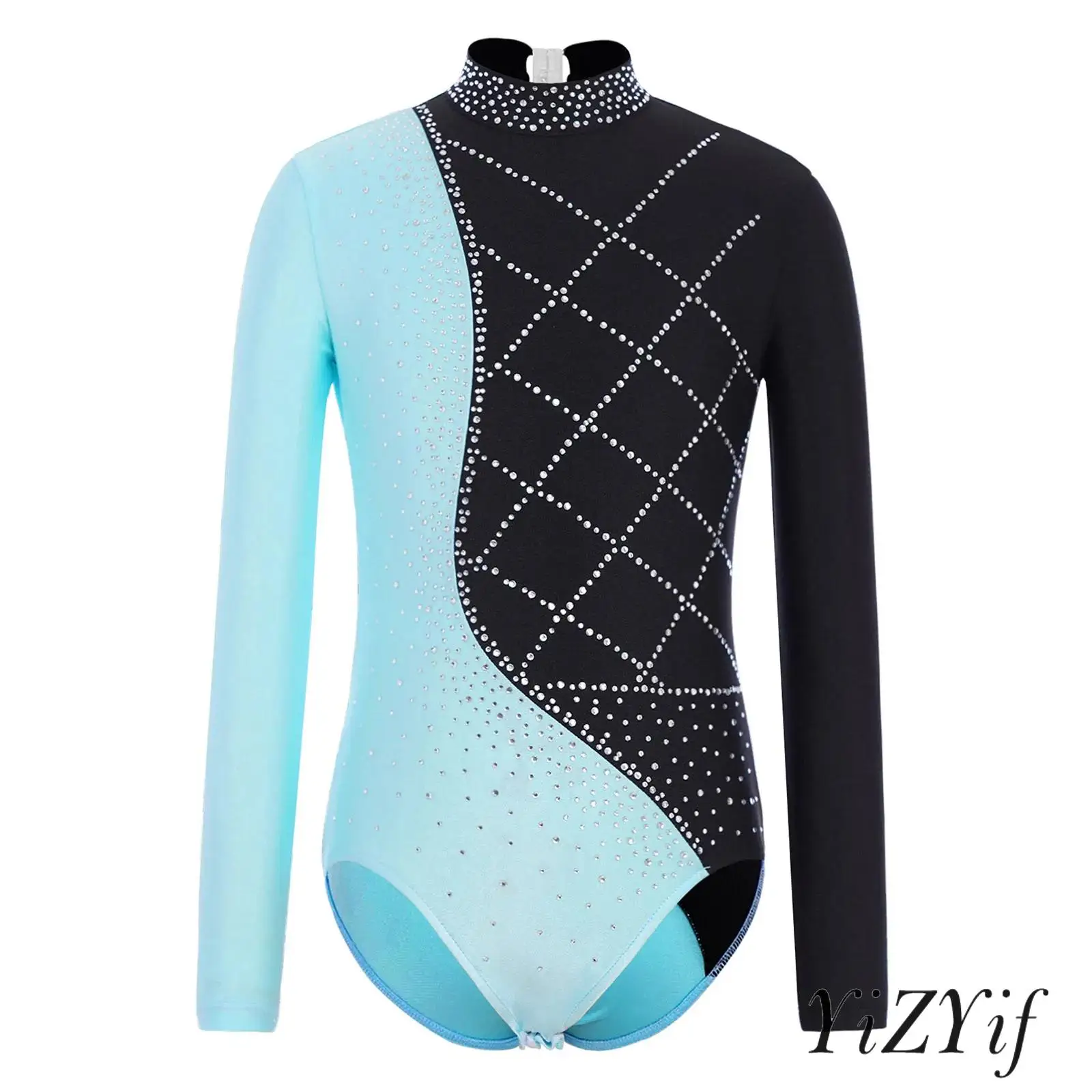 

Kids Girls Shiny Color Block Figure Skating Leotard Mock Neck Long Sleeve Bodysuit for Lyrical Dance Gymnastic Competition