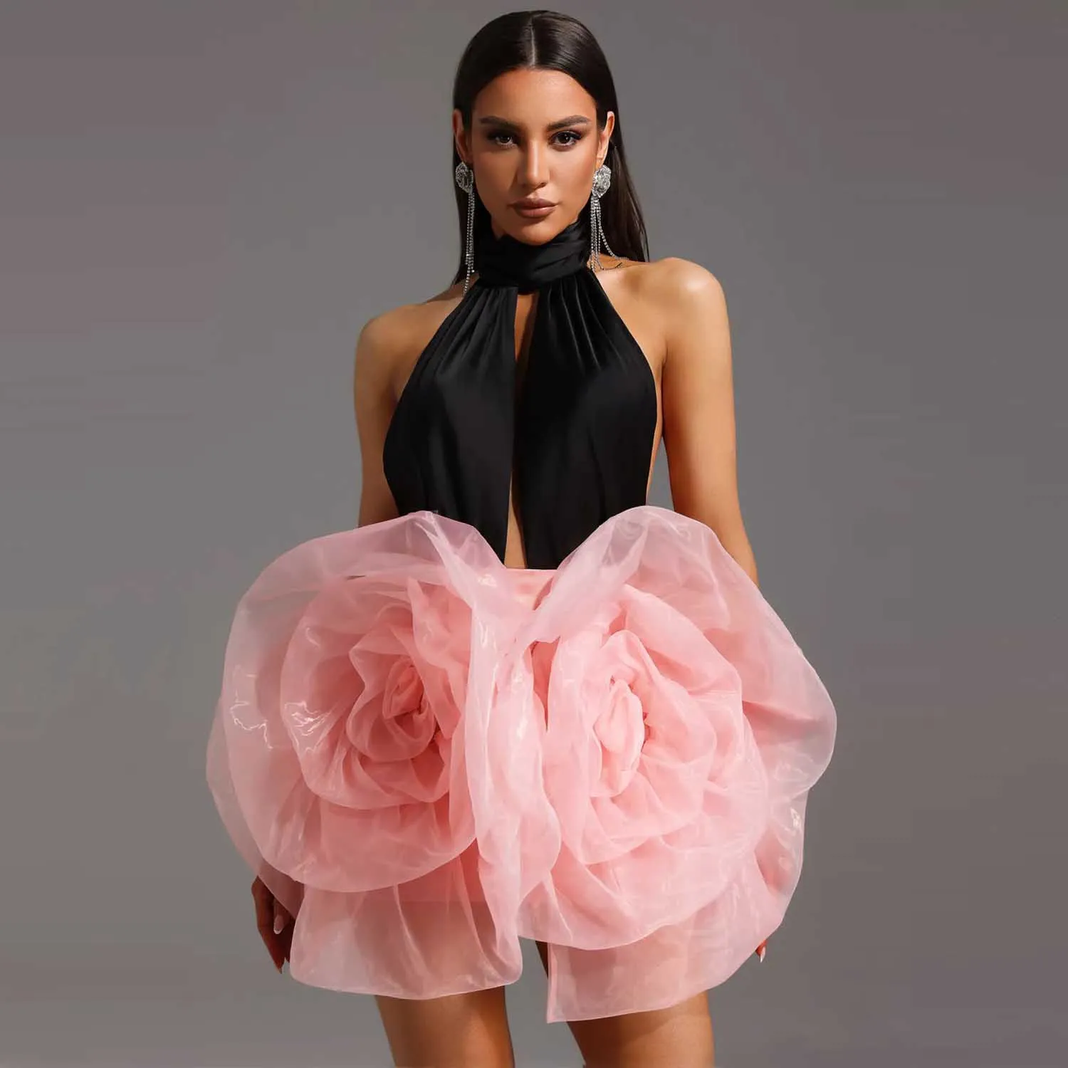 

Cute Pink Mini Dress Big Flower Halter Neck Backless 3D Ruffles Floral Organza Skirt Cocktail Party Short Gown for Women
