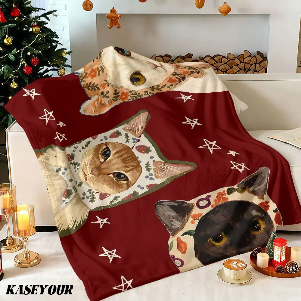 Whimsical Cats in Bonnets Winter Summer Flannel Blanket Throw Fleece Soft Fuzzy Plush Cozy Fleece Blankets for Sofa Ideal Gifts