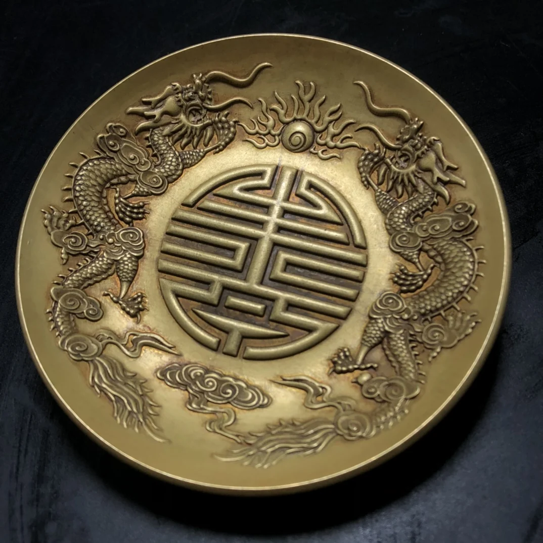 

Antique Collection Pure Copper Dragon Pattern Decorative Plate Home Crafts Fine Workmanship